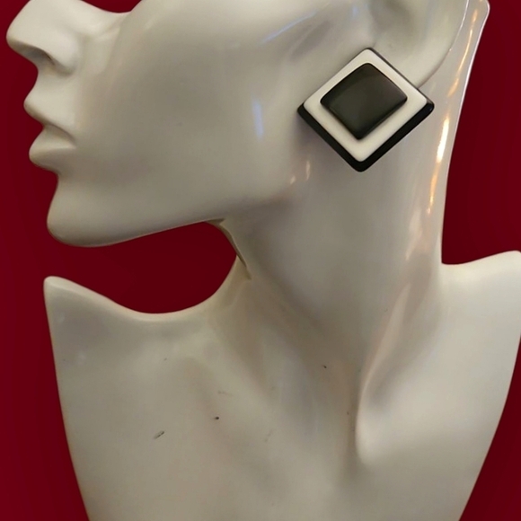 Vintage Jewelry - Vintage 3D Black and White Square Geometric Mod Post Earrings